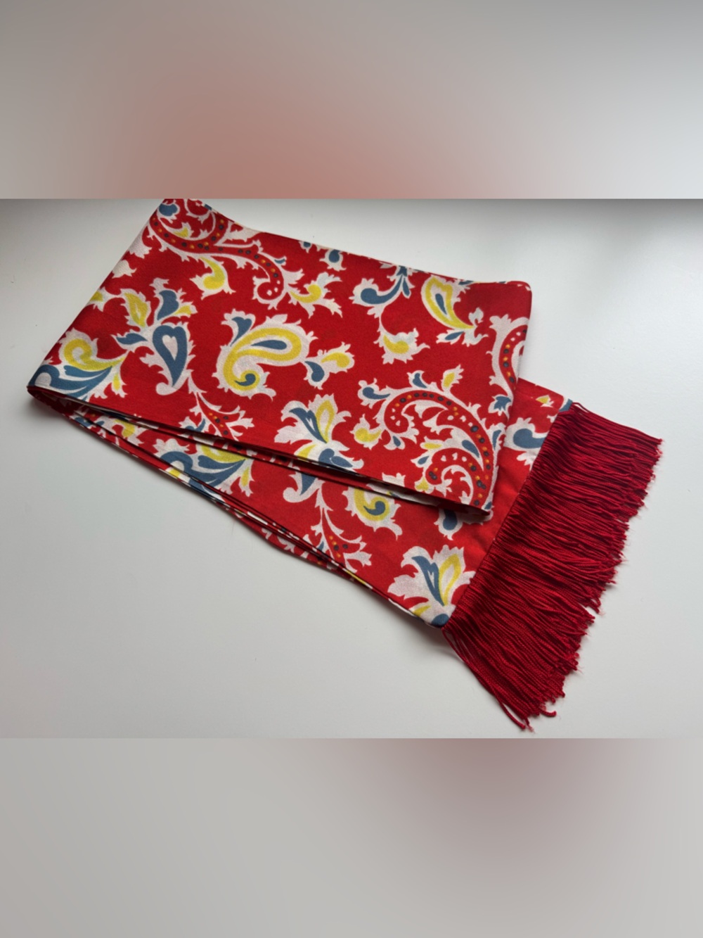 Vintage 60s-70s Red Paisley Floral Long Opera Scarf with Fringe